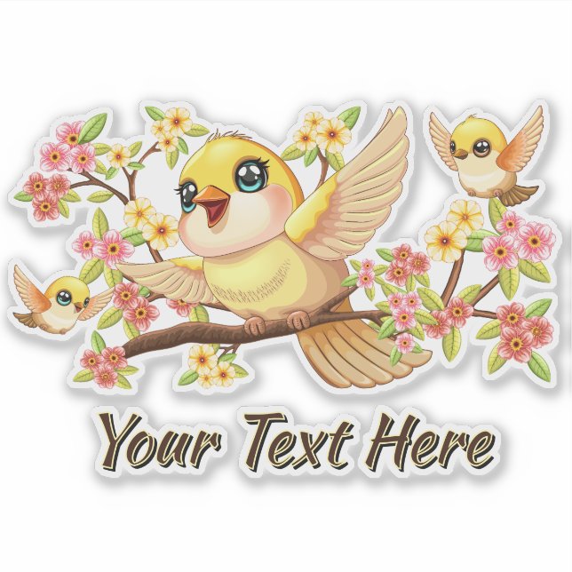 Cute and Happy Birds among Spring Flowers (Front)