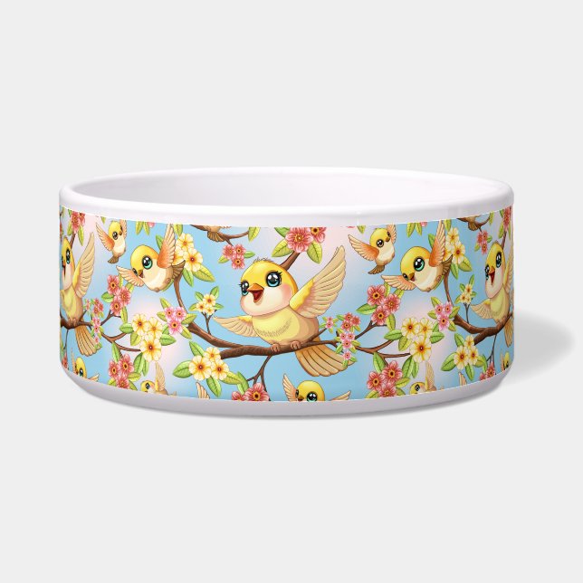 Cute and Happy Birds among Spring Flowers (Front)