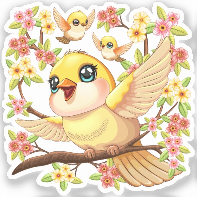 Cute and Happy Birds among Spring Flowers (Front)
