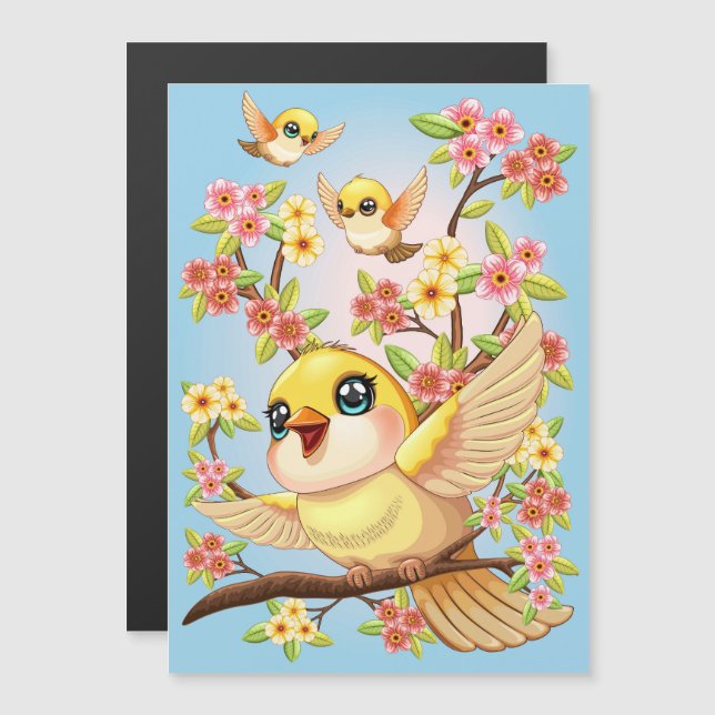 Cute and Happy Birds among Spring Flowers (Front/Back)