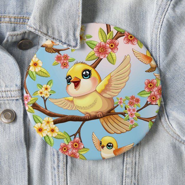 Cute and Happy Birds among Spring Flowers 6 Cm Round Badge (In Situ)