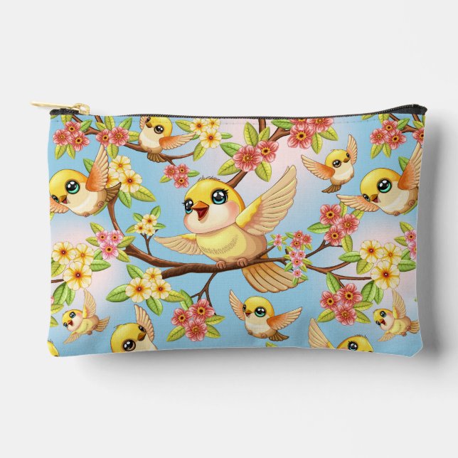 Cute and Happy Birds among Spring Flowers Accessory Pouch (Front)