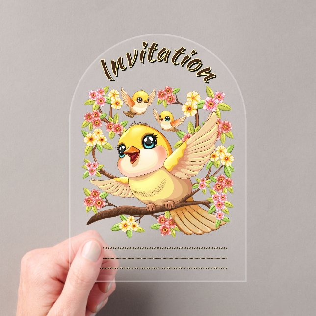 Cute and Happy Birds among Spring Flowers Acrylic Invitations (Insitu (Handheld))