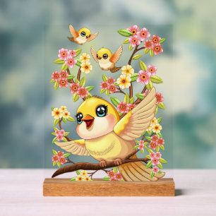 Cute and Happy Birds among Spring Flowers Acrylic Sign