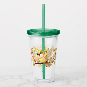 Cute and Happy Birds among Spring Flowers Acrylic Tumbler