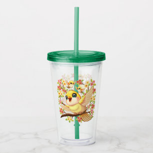 Cute and Happy Birds among Spring Flowers Acrylic Tumbler