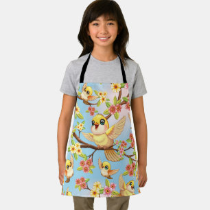Cute and Happy Birds among Spring Flowers Apron