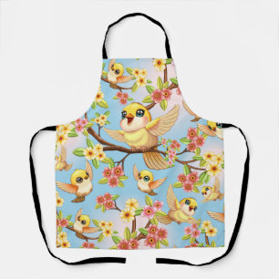 Cute and Happy Birds among Spring Flowers Apron