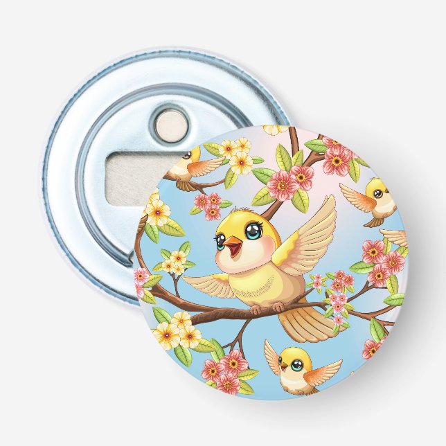 Cute and Happy Birds among Spring Flowers Bottle Opener (Front)