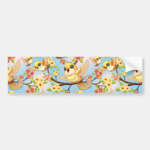 Cute and Happy Birds among Spring Flowers Bumper Sticker