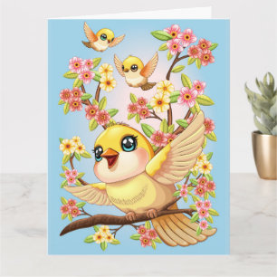 Cute and Happy Birds among Spring Flowers Card