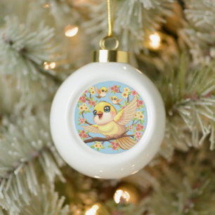 Cute and Happy Birds among Spring Flowers Ceramic Ball Christmas Ornament
