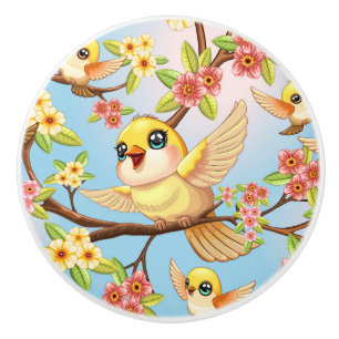 Cute and Happy Birds among Spring Flowers Ceramic Knob