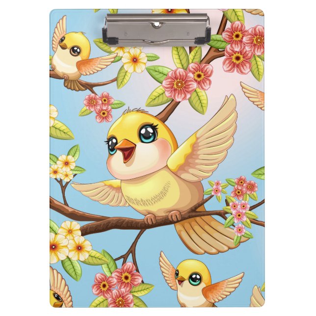 Cute and Happy Birds among Spring Flowers Clipboard (Front)
