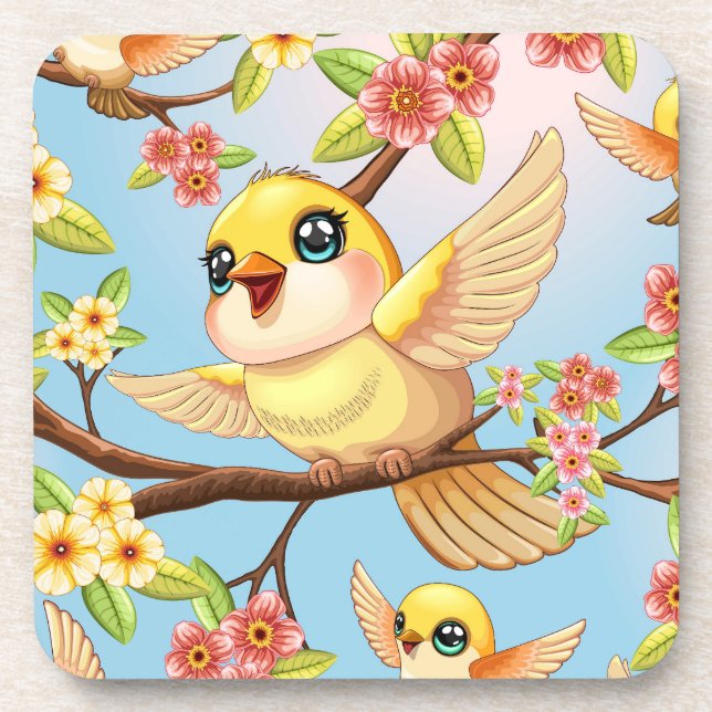 Cute and Happy Birds among Spring Flowers Coaster (Front)