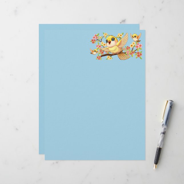 Cute and Happy Birds among Spring Flowers Custom Letterhead (Front/Back In Situ)