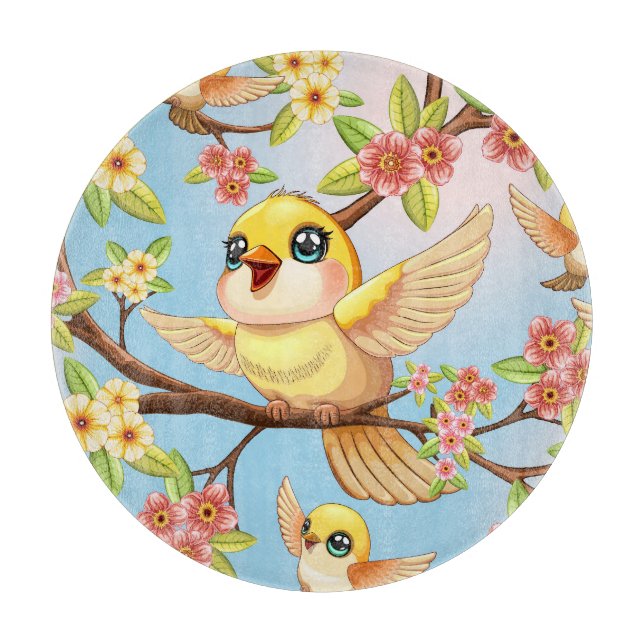 Cute and Happy Birds among Spring Flowers Cutting Board (Front)