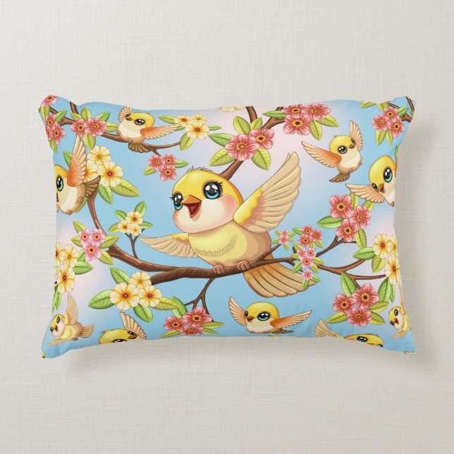 Cute and Happy Birds among Spring Flowers Decorative Cushion (Front)