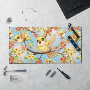 Cute and Happy Birds among Spring Flowers Desk Mat