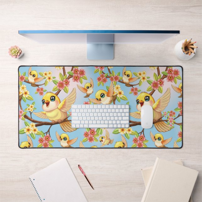 Cute and Happy Birds among Spring Flowers Desk Mat (Office 1)
