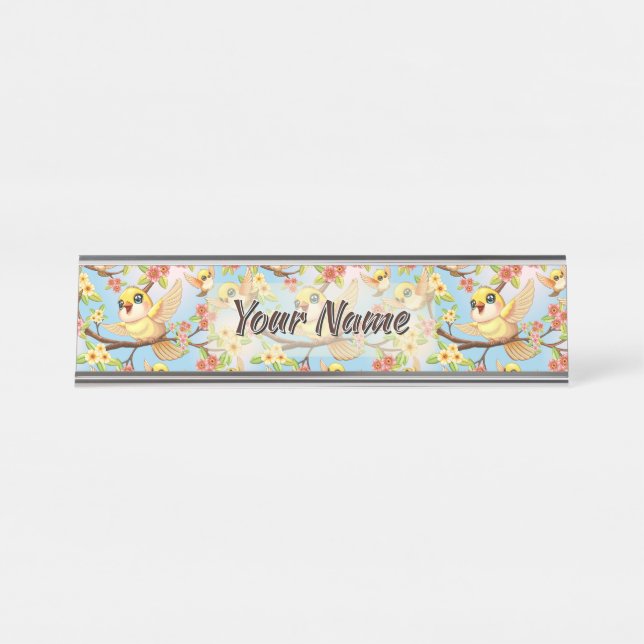 Cute and Happy Birds among Spring Flowers Desk Name Plate (Front)