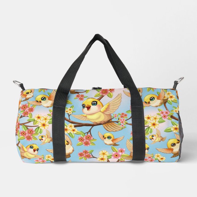 Cute and Happy Birds among Spring Flowers Duffle Bag (Front)