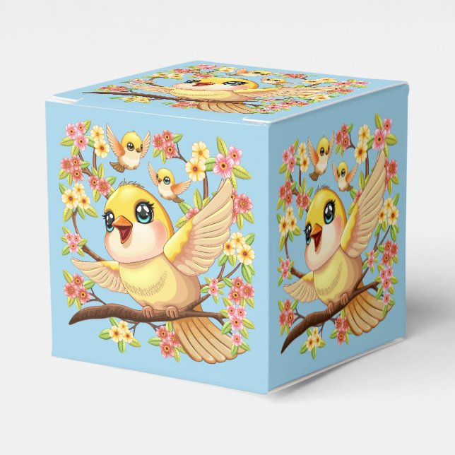Cute and Happy Birds among Spring Flowers Favour Box (Front Side)