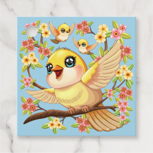 Cute and Happy Birds among Spring Flowers Favour Tags