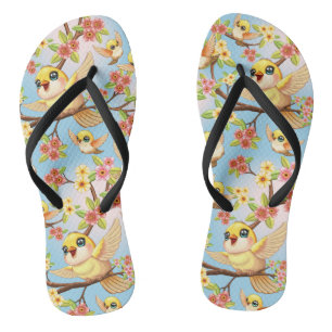 Cute and Happy Birds among Spring Flowers Flip Flops