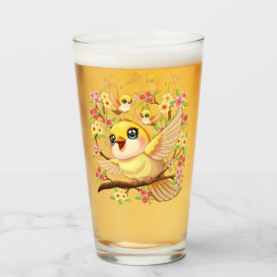 Cute and Happy Birds among Spring Flowers Glass