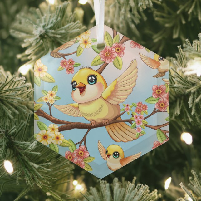 Cute and Happy Birds among Spring Flowers Glass Tree Decoration (Insitu)