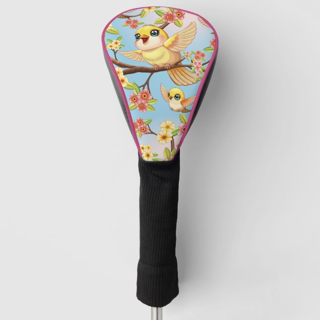 Cute and Happy Birds among Spring Flowers Golf Head Cover (Front)