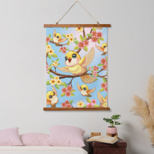 Cute and Happy Birds among Spring Flowers Hanging Tapestry