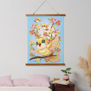 Cute and Happy Birds among Spring Flowers Hanging Tapestry