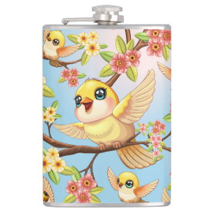 Cute and Happy Birds among Spring Flowers Hip Flask