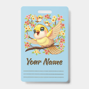 Cute and Happy Birds among Spring Flowers ID Badge