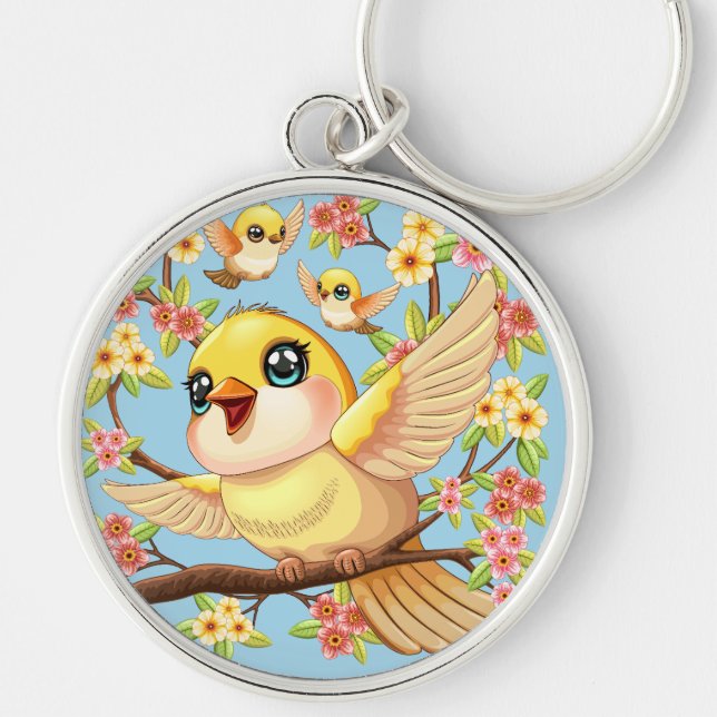 Cute and Happy Birds among Spring Flowers Key Ring (Front)