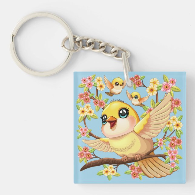 Cute and Happy Birds among Spring Flowers Key Ring (Front)
