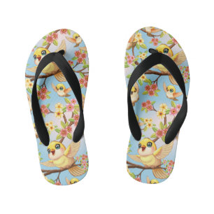 Cute and Happy Birds among Spring Flowers Kid's Flip Flops