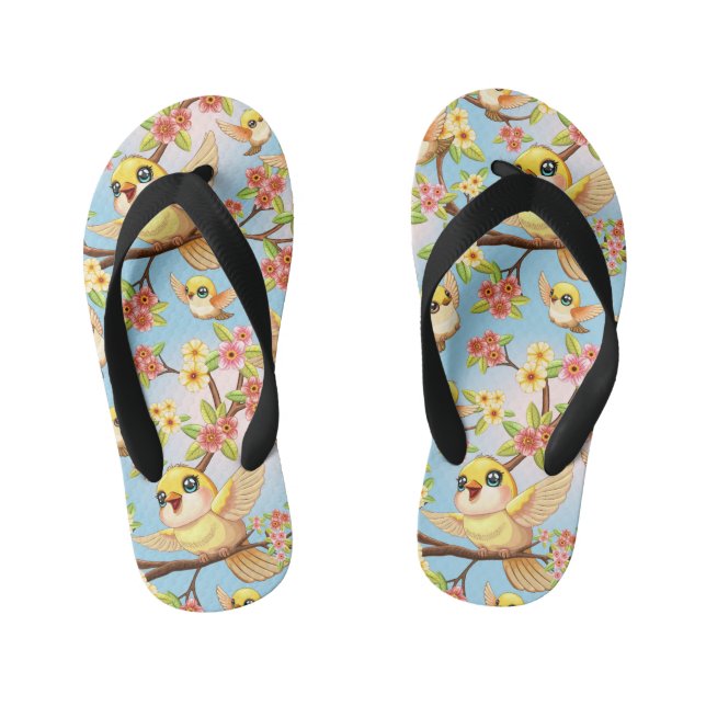 Cute and Happy Birds among Spring Flowers Kid's Flip Flops (Footbed)