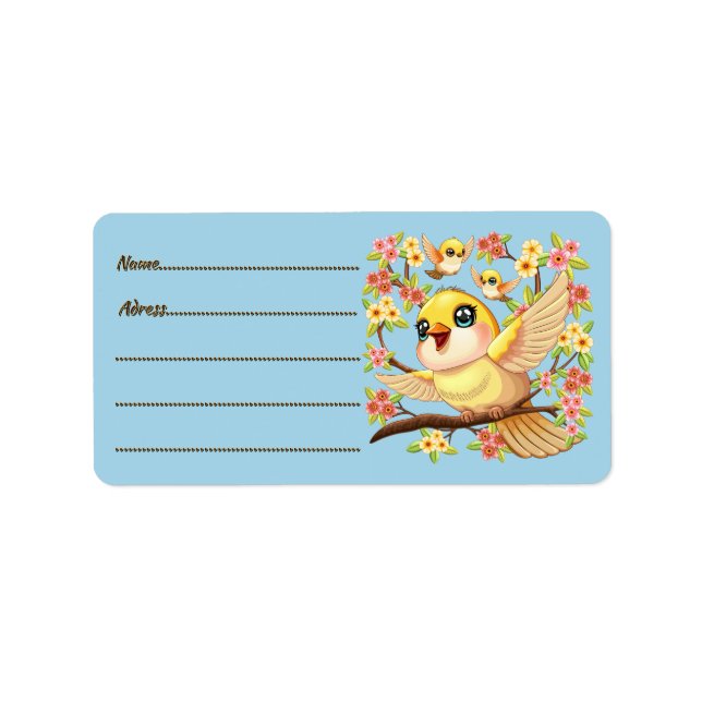Cute and Happy Birds among Spring Flowers Label (Front)