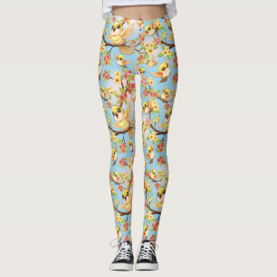 Cute and Happy Birds among Spring Flowers Leggings