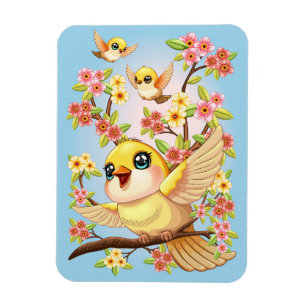 Cute and Happy Birds among Spring Flowers Magnet