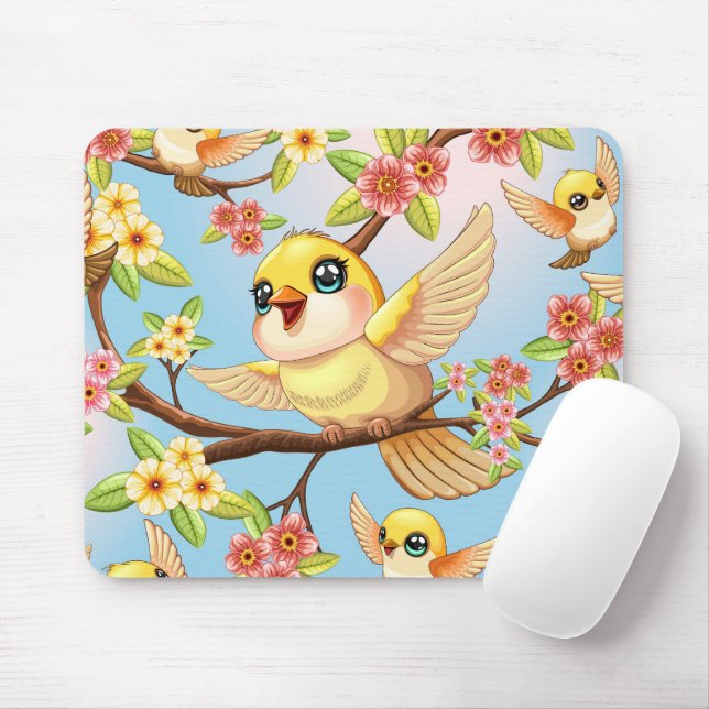 Cute and Happy Birds among Spring Flowers Mouse Mat (With Mouse)