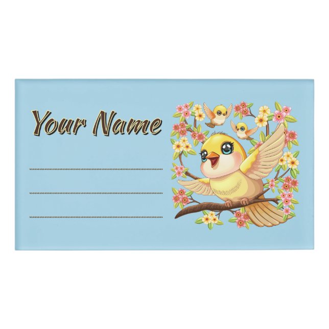 Cute and Happy Birds among Spring Flowers Name Tag (Front)
