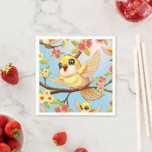 Cute and Happy Birds among Spring Flowers Napkin