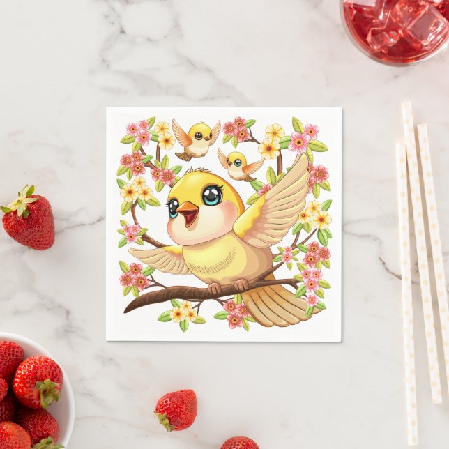 Cute and Happy Birds among Spring Flowers Napkin (Insitu)