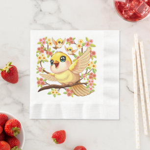 Cute and Happy Birds among Spring Flowers Napkin