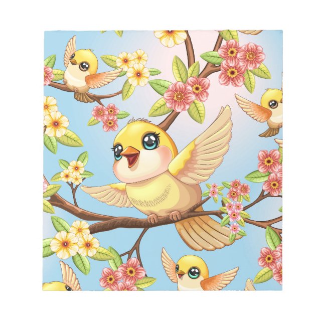 Cute and Happy Birds among Spring Flowers Notepad (Front)