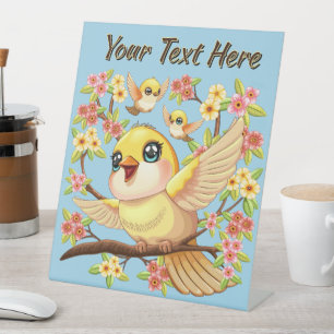 Cute and Happy Birds among Spring Flowers Pedestal Sign